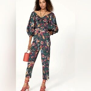 Farm Rio Tropical Birds Vibrant Teal 100% Cotton Jumpsuit, Medium